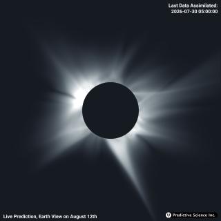 Simulation of the solar corona predicted for the August 12 eclipse, calculated using the La Palma supercomputer for the location of Palencia. Credit: IAC / Predictive Science Inc. (PSI).