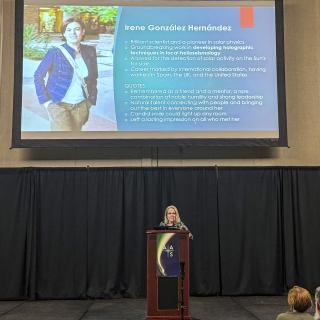 Dr. Holly Gilbert at the inaugural Irene Gonzalez Hernandez Solar Physics Prize Ceremony in Anchorage, Alaska. Dr. Holly Gilbert at the inaugural Irene Gonzalez Hernandez Solar Physics Prize Ceremony in Anchorage, Alaska.