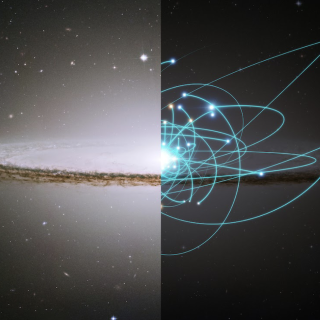 An artistic illustration that combines a real image of a galaxy with a representation of the stellar orbits within it, to show how the study of the movements of stars allows us to reconstruct the history of galaxies. An artistic illustration that combines a real image of a galaxy with a representation of the stellar orbits within it, to show how the study of the movements of stars allows us to reconstruct the history of galaxies.