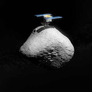 Representación artística de la misión espacial japonesa Hayabusa2 aterrizando en la superficie del asteroide 1998 KY26.