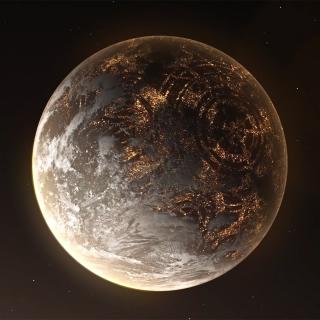 Recreación artística de un hipotético exoplaneta con luces artificiales en el lado nocturno. Crédito: Rafael Luis Méndez Peña/Sciworthy.com