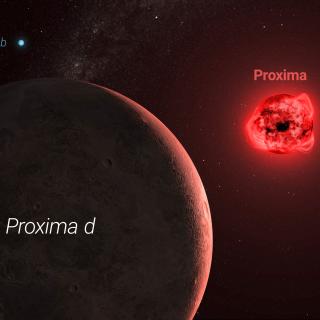 Recreación artística del sistema planetario Proxima Centauri, con los planetas Proxima b y Proxima d, este último recién confirmado con NIRPS Recreación artística del sistema planetario Proxima Centauri, con los planetas Proxima b y Proxima d, este último recién confirmado con NIRPS