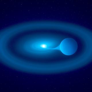 Artistic impression of the V Sagittae star system, where a superdense white dwarf extracts matter from its larger companion. Unable to assimilate all the transferred mass, a bright ring of gas forms around it. Artistic impression of the V Sagittae star system, where a superdense white dwarf extracts matter from its larger companion. Unable to assimilate all the transferred mass, a bright ring of gas forms around it.