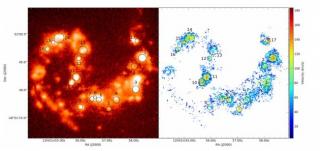 Left panel: map of the surface brightness of "the Antennae" in emission from ionized hydrogen. The brightest zones are the zones occupied by clusters of massive stars. Right panel: map of the expansion velocity of the bubbles detected in the Antennae, pus