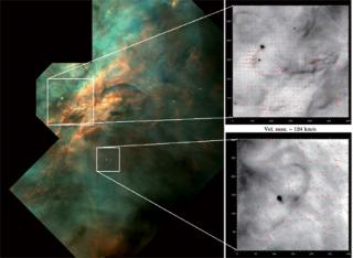 Composite image of the Orion Nebula in the [NII], Ha and [OIII] emission lines, codified respectively in red, green and blue. The details in black and white, to the side, illustrate the fields of motion divided into two zones of the nebula during the extr