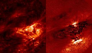 Left: Chromospheric image of a chromospheric active region at -161 mÅ from the core of the Ca II 8542 line, where fibrils are covering almost the entire field-of-view. Right: Circular polarization image (Stokes V) at the same wavelength, quantifies the st