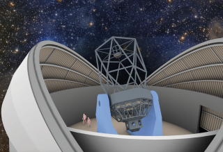 Modelo del Nuevo Telescopio Robótico con el fondo de un remanente de supernova