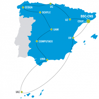 Esquema de la red española de supercomputación Esquema de la red española de supercomputación. Mapa de España con los nodos de la red unidos por líneas de puntos