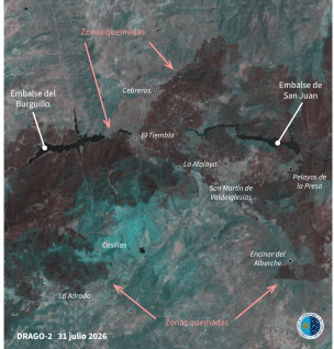 Imagen de ALISIO-1 con zonas quemadas en tonos marrones y rojizos, agua en negro y vegetación en azul o turquesa.